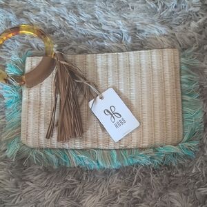 HOBO Woven Clutch with Brown Tassel and Acrylic Handle